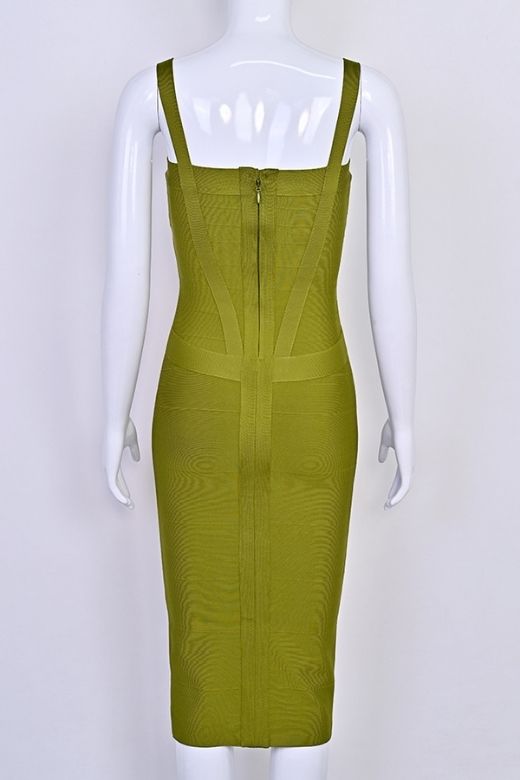 Woman wearing a figure flattering  Heidi Bandage Midi Dress - Olive Green Bodycon Collection