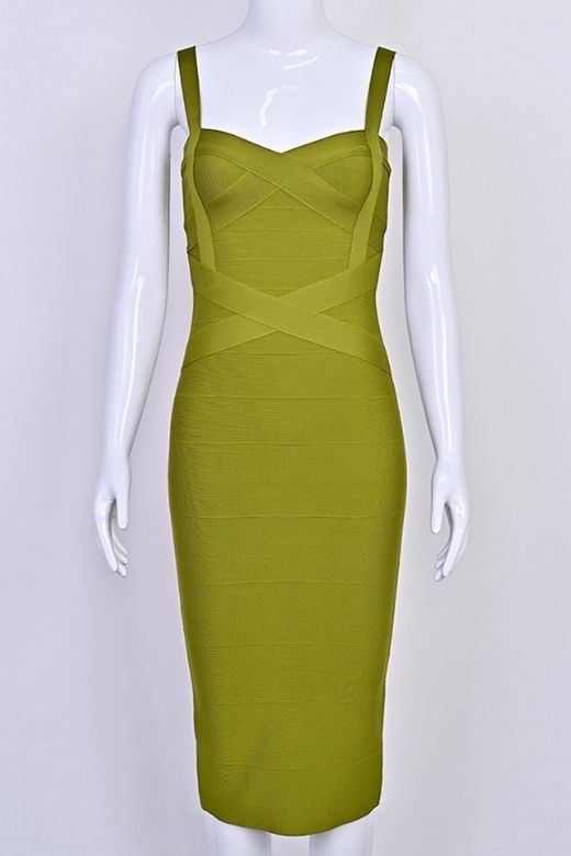 Woman wearing a figure flattering  Heidi Bandage Midi Dress - Olive Green Bodycon Collection