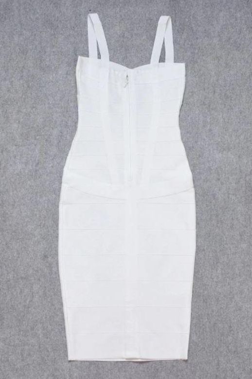 Woman wearing a figure flattering  Heidi Bandage Midi Dress - Pearl White Bodycon Collection