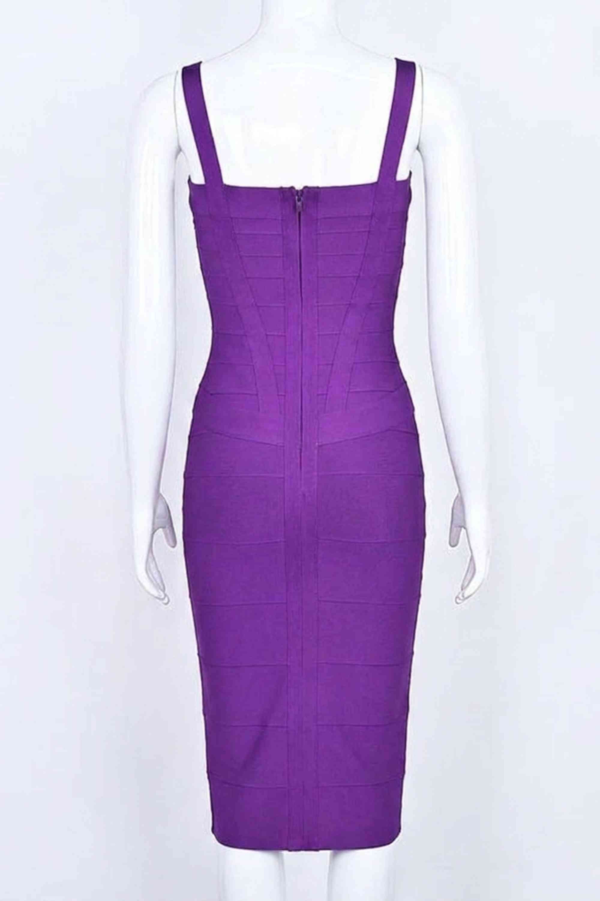 Woman wearing a figure flattering  Heidi Bandage Midi Dress - Plum Purple Bodycon Collection