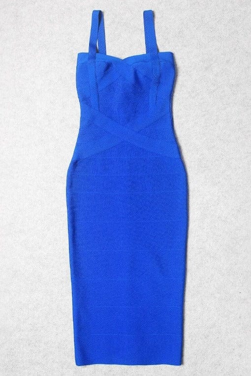 Woman wearing a figure flattering  Heidi Bandage Midi Dress - Royal Blue Bodycon Collection