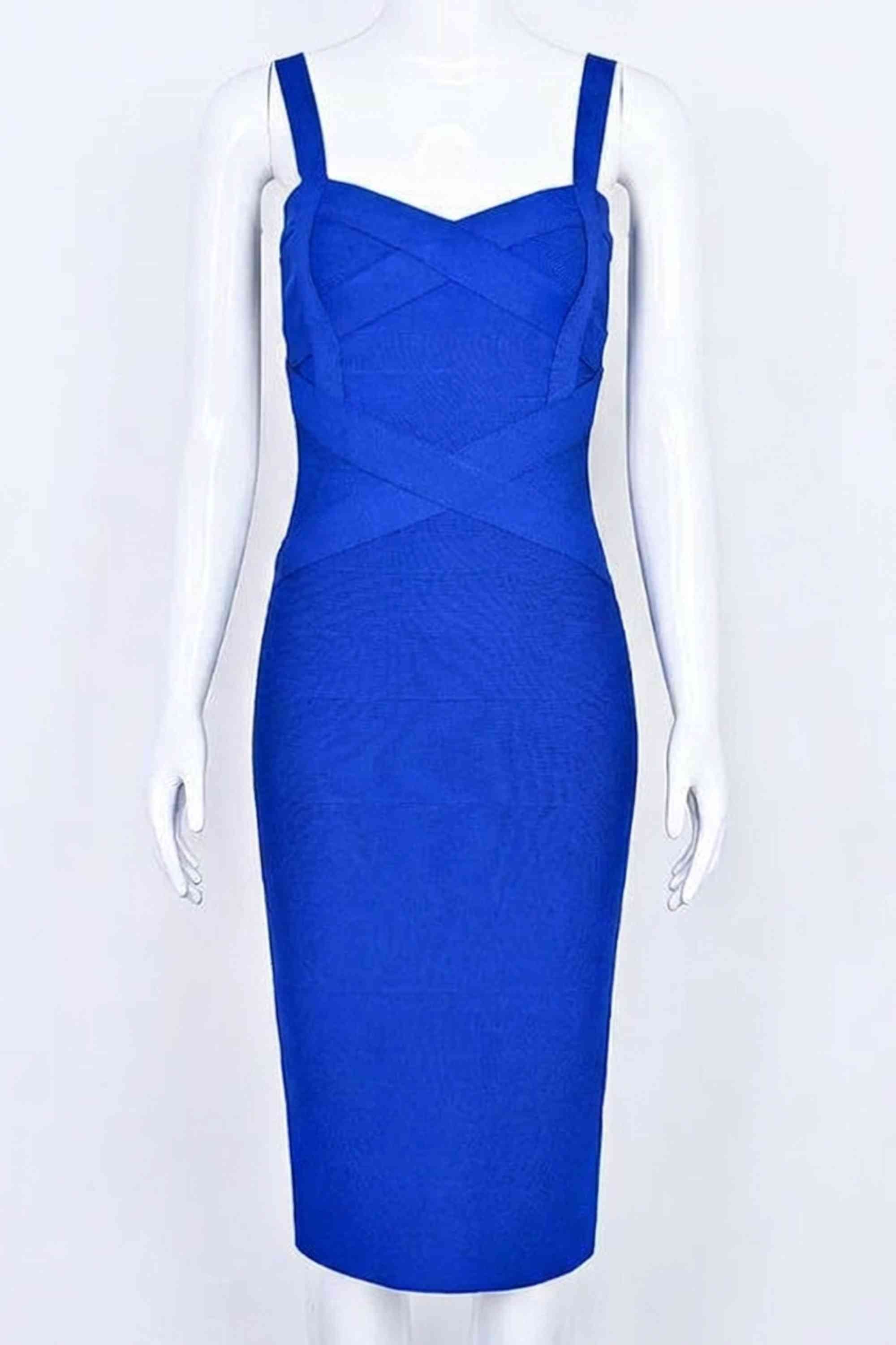 Woman wearing a figure flattering  Heidi Bandage Midi Dress - Royal Blue Bodycon Collection
