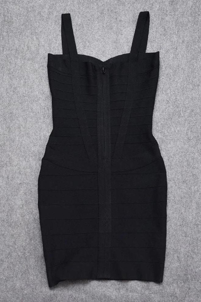 Woman wearing a figure flattering  Heidi Bandage Mini Dress - Classic Black Bodycon Collection