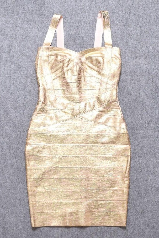 Woman wearing a figure flattering  Heidi Bandage Mini Dress - Gold Bodycon Collection
