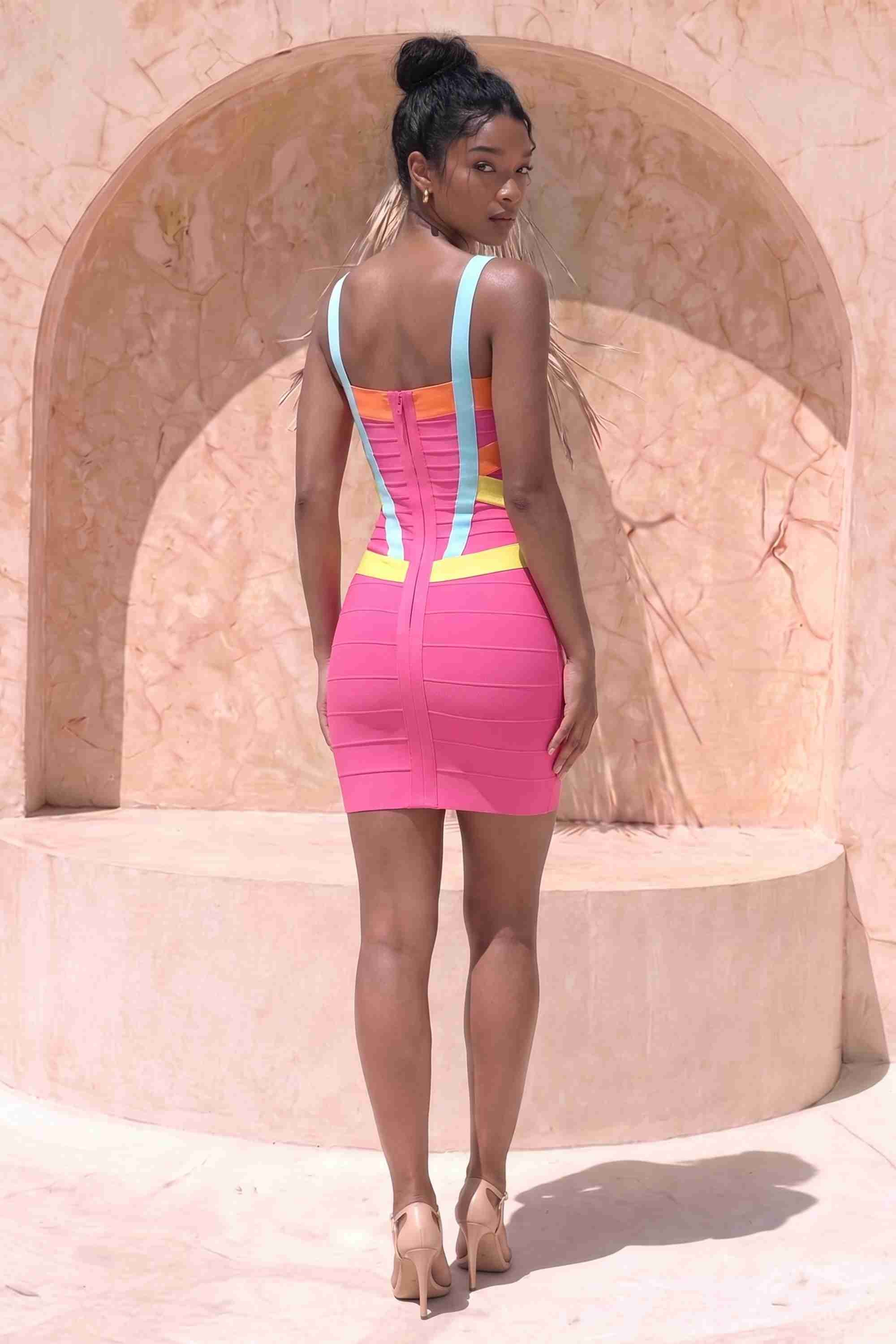 Woman wearing a figure flattering  Heidi Bandage Mini Dress - Hot Pink Bodycon Collection