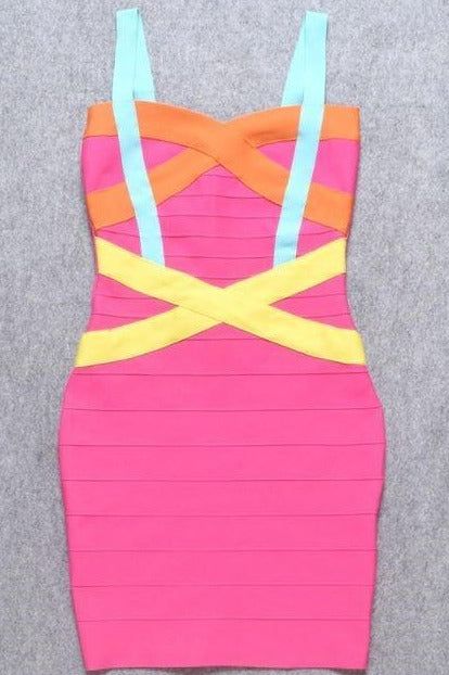 Woman wearing a figure flattering  Heidi Bandage Mini Dress - Hot Pink Bodycon Collection