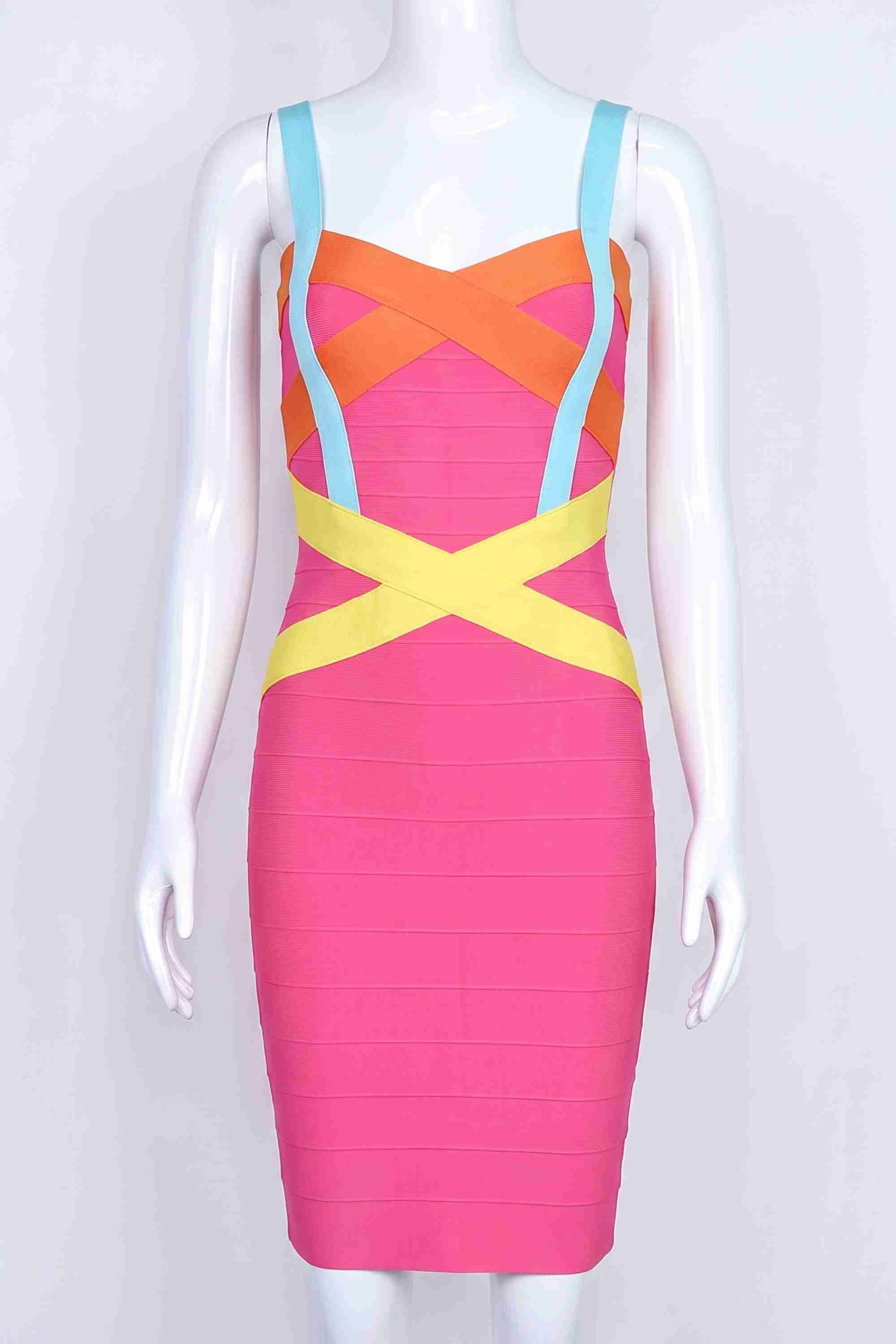 Woman wearing a figure flattering  Heidi Bandage Mini Dress - Hot Pink Bodycon Collection