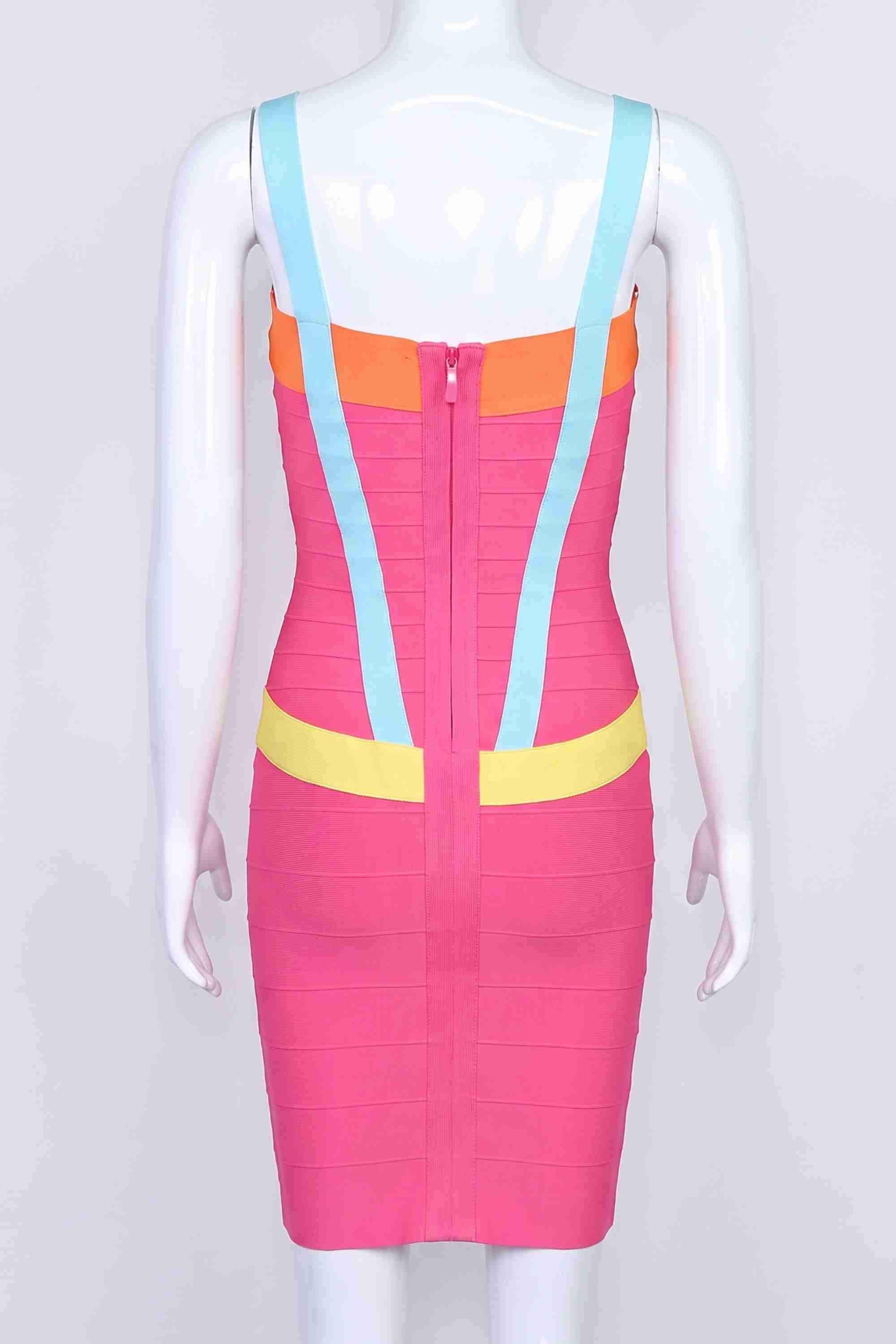 Woman wearing a figure flattering  Heidi Bandage Mini Dress - Hot Pink Bodycon Collection
