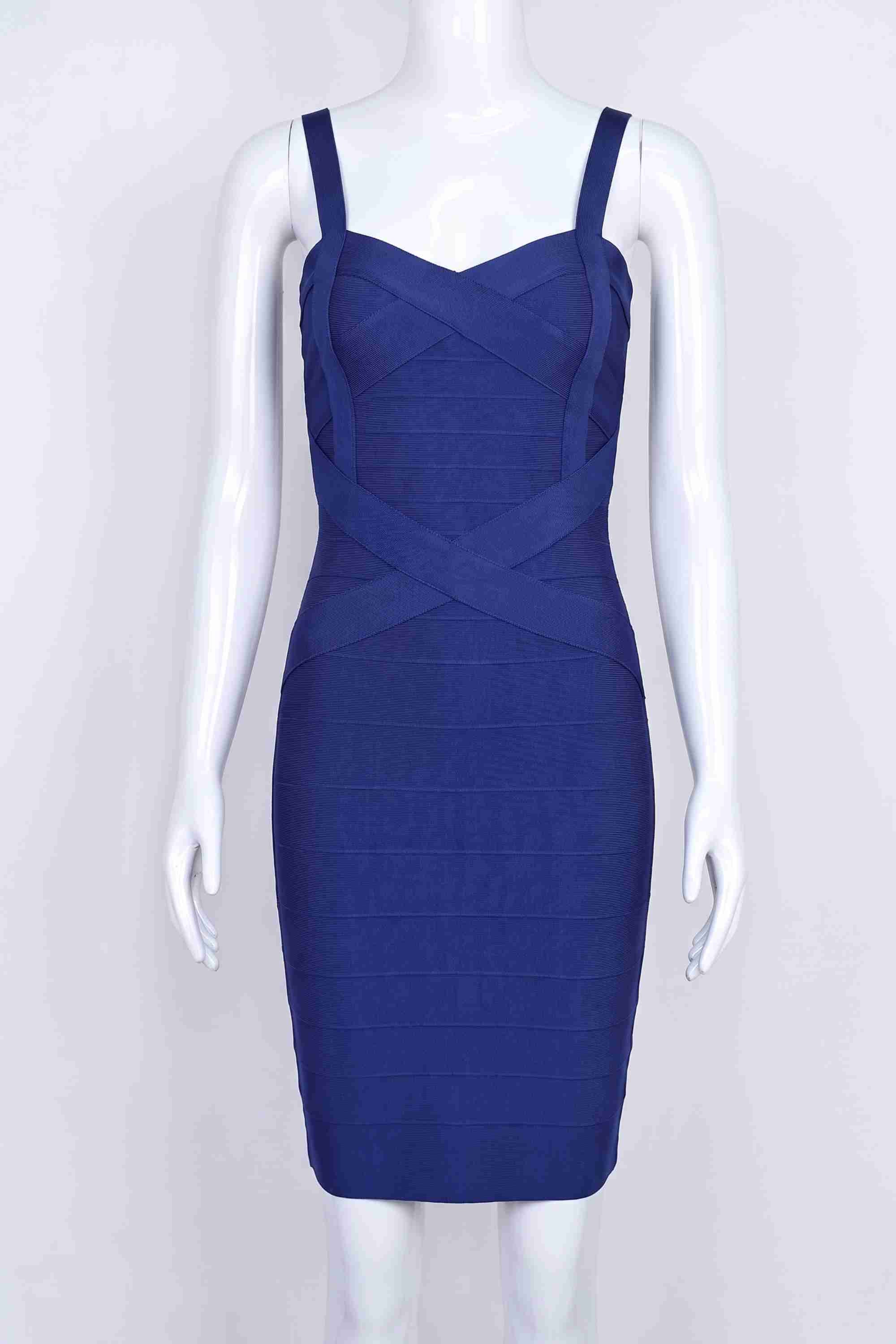 Woman wearing a figure flattering  Heidi Bandage Mini Dress - Navy Blue Bodycon Collection
