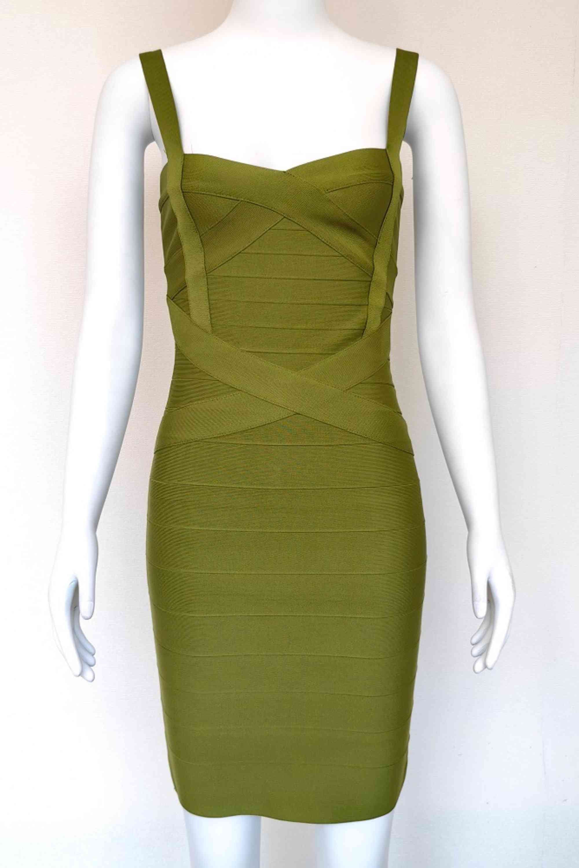 Woman wearing a figure flattering  Heidi Bandage Mini Dress - Olive Green Bodycon Collection