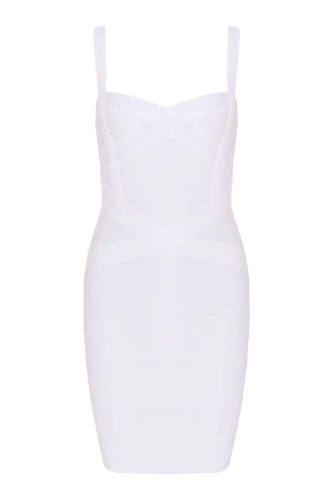 Woman wearing a figure flattering  Heidi Bandage Mini Dress - Pearl White Bodycon Collection