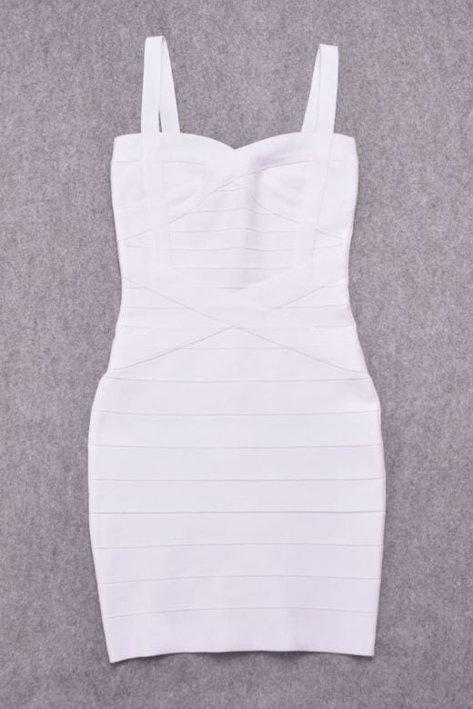 Woman wearing a figure flattering  Heidi Bandage Mini Dress - Pearl White Bodycon Collection