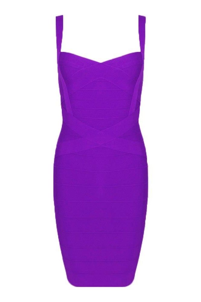 Woman wearing a figure flattering  Heidi Bandage Mini Dress - Plum Purple Bodycon Collection