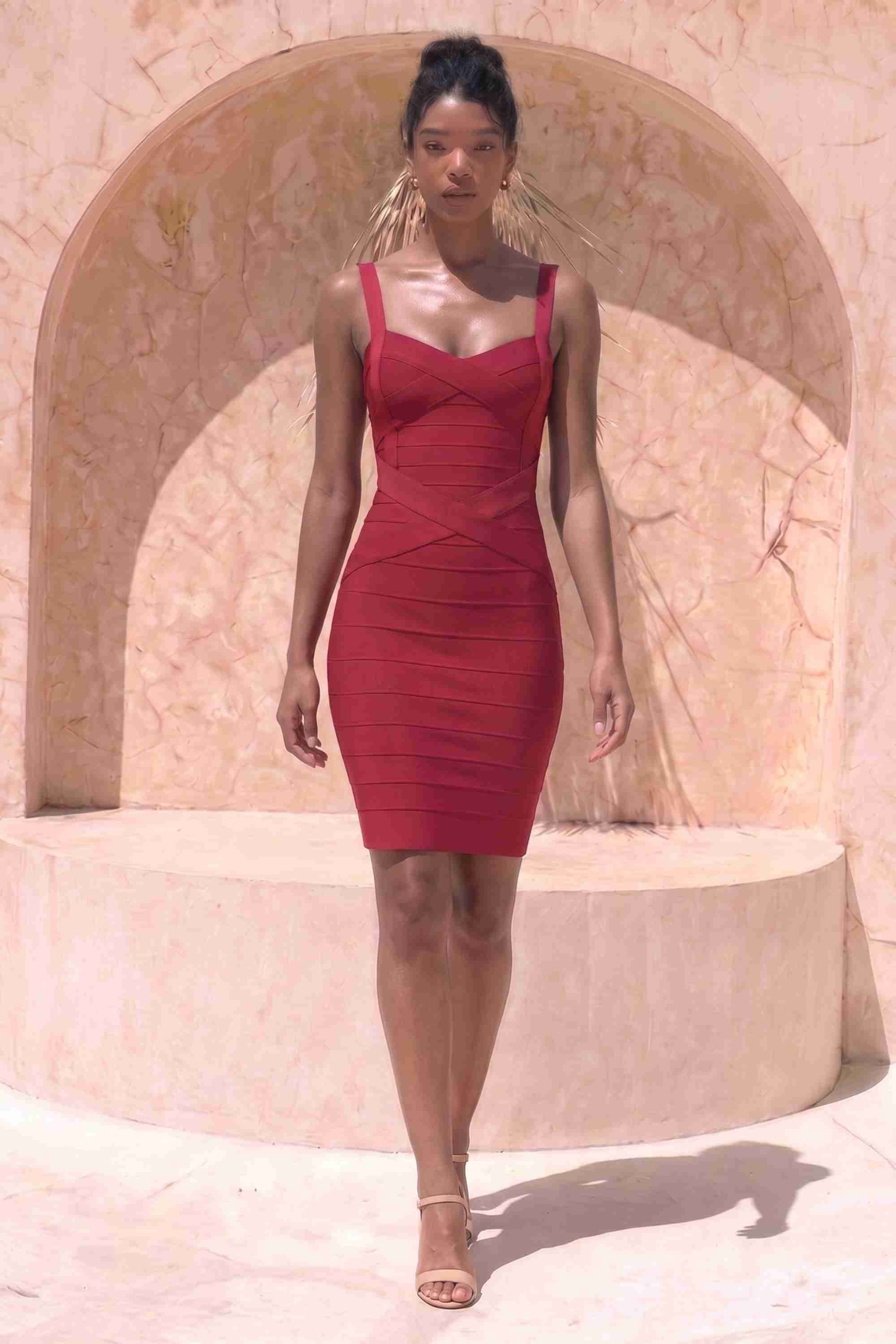 Woman wearing a figure flattering  Heidi Bandage Mini Dress - Red Wine Bodycon Collection