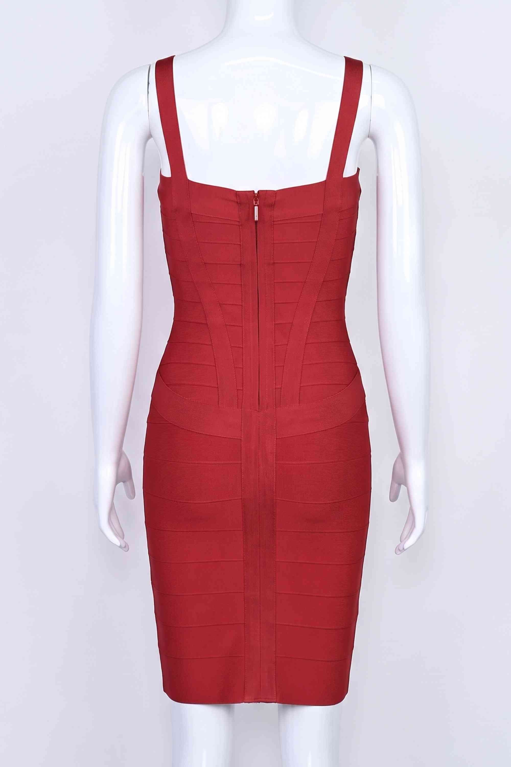 Woman wearing a figure flattering  Heidi Bandage Mini Dress - Red Wine Bodycon Collection