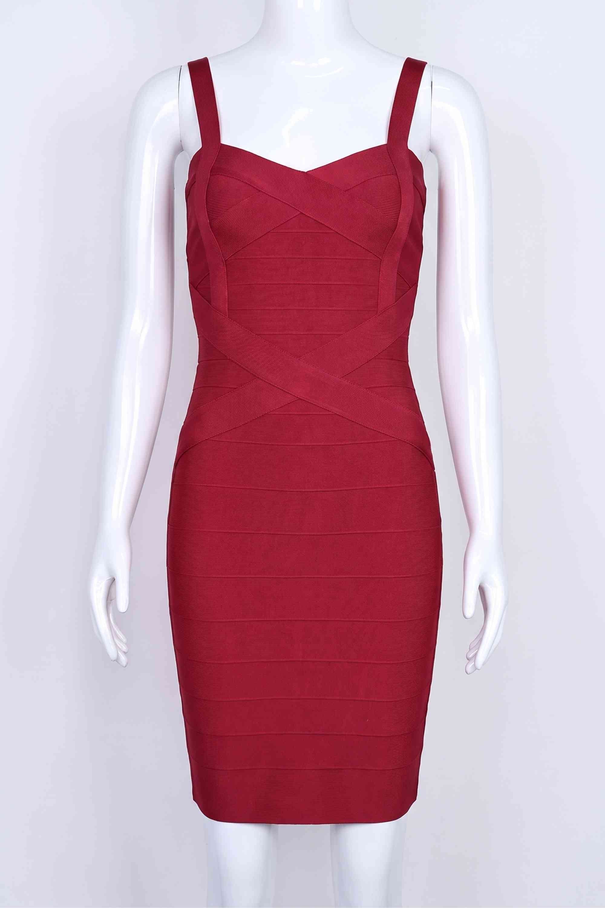 Woman wearing a figure flattering  Heidi Bandage Mini Dress - Red Wine Bodycon Collection