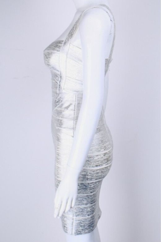 Woman wearing a figure flattering  Heidi Bandage Mini Dress - Silver Bodycon Collection