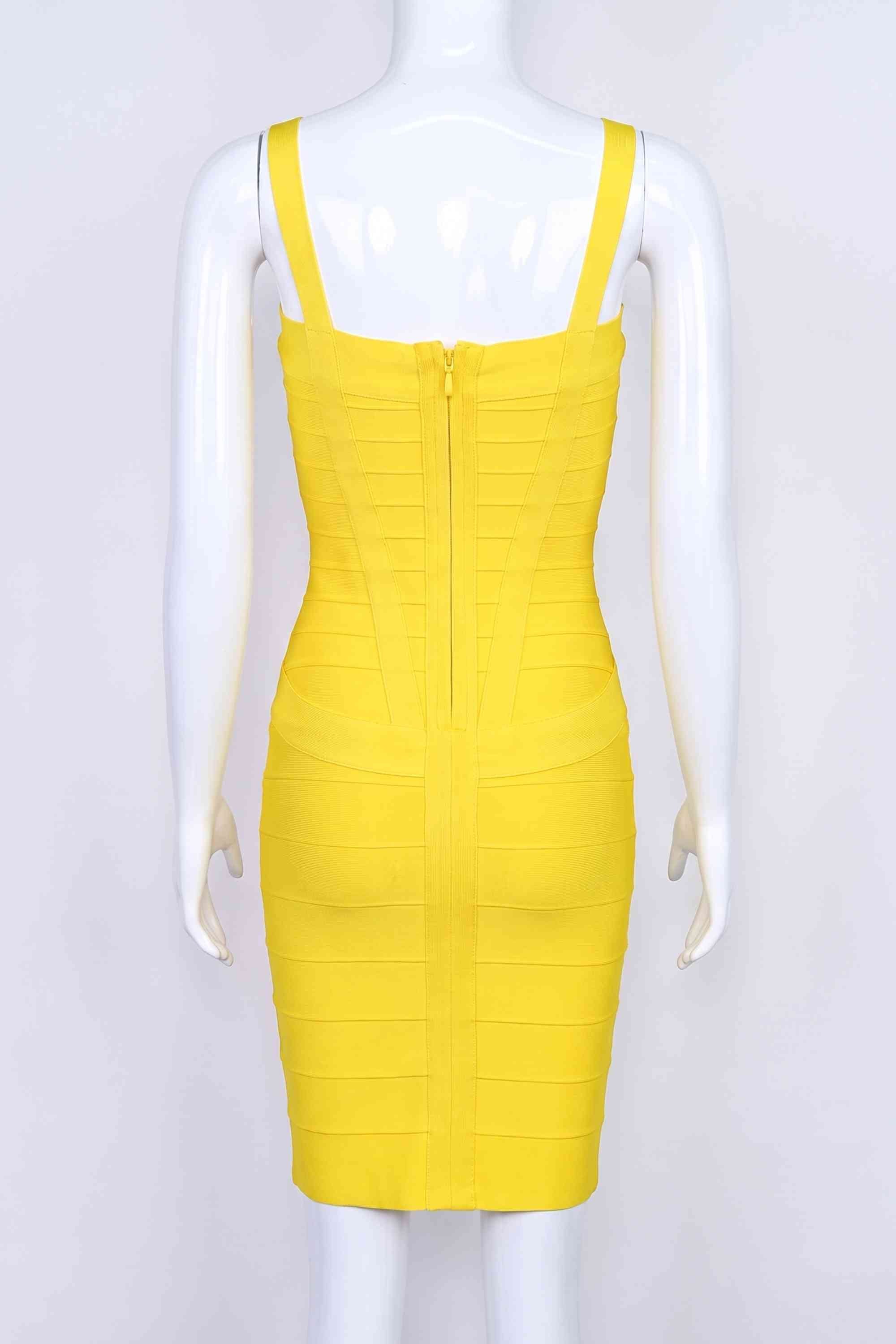 Woman wearing a figure flattering  Heidi Bandage Mini Dress - Sun Yellow Bodycon Collection