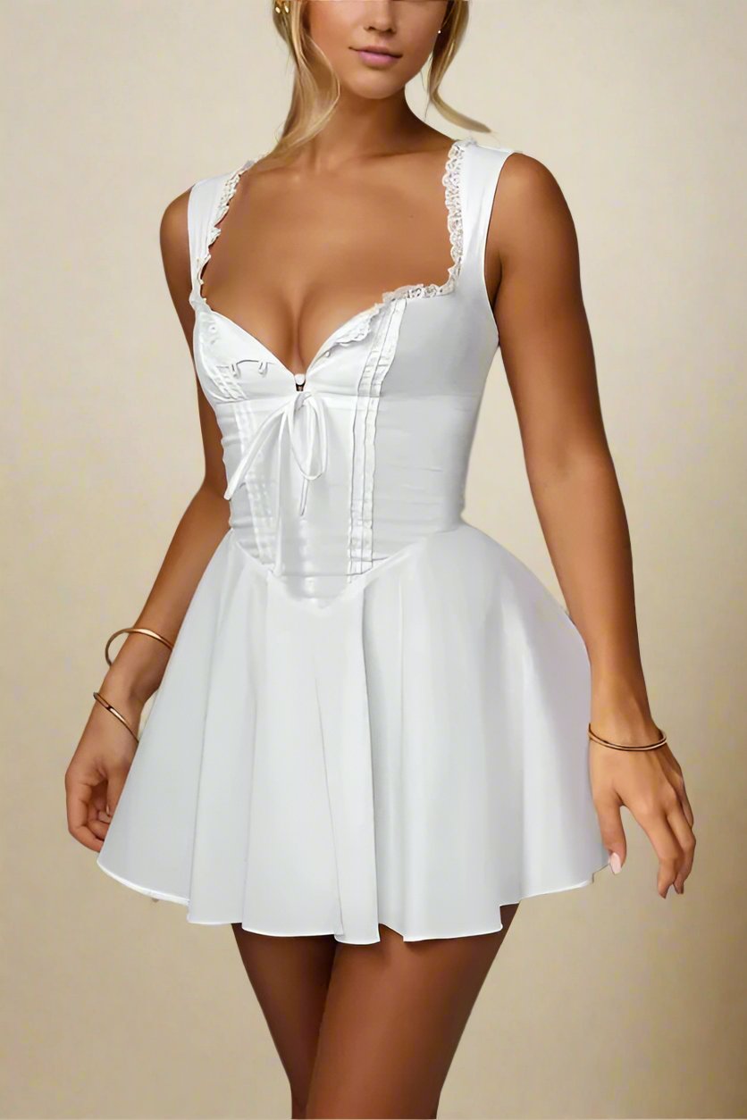 Woman wearing a figure flattering  Adelyn Bodycon Mini Dress - Pearl White BODYCON COLLECTION