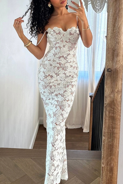 Woman wearing a figure flattering  Honor Bodycon Maxi Dress - White Pearl BODYCON COLLECTION
