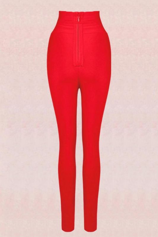Woman wearing a figure flattering  High Waist Bandage Jumpsuit Pant - Lipstick Red BODYCON COLLECTION