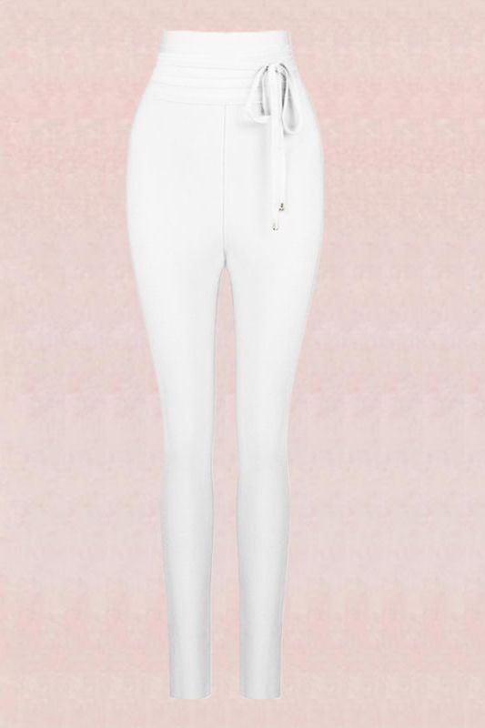 Woman wearing a figure flattering  High Waist Bandage Jumpsuit Pant - Pearl White BODYCON COLLECTION