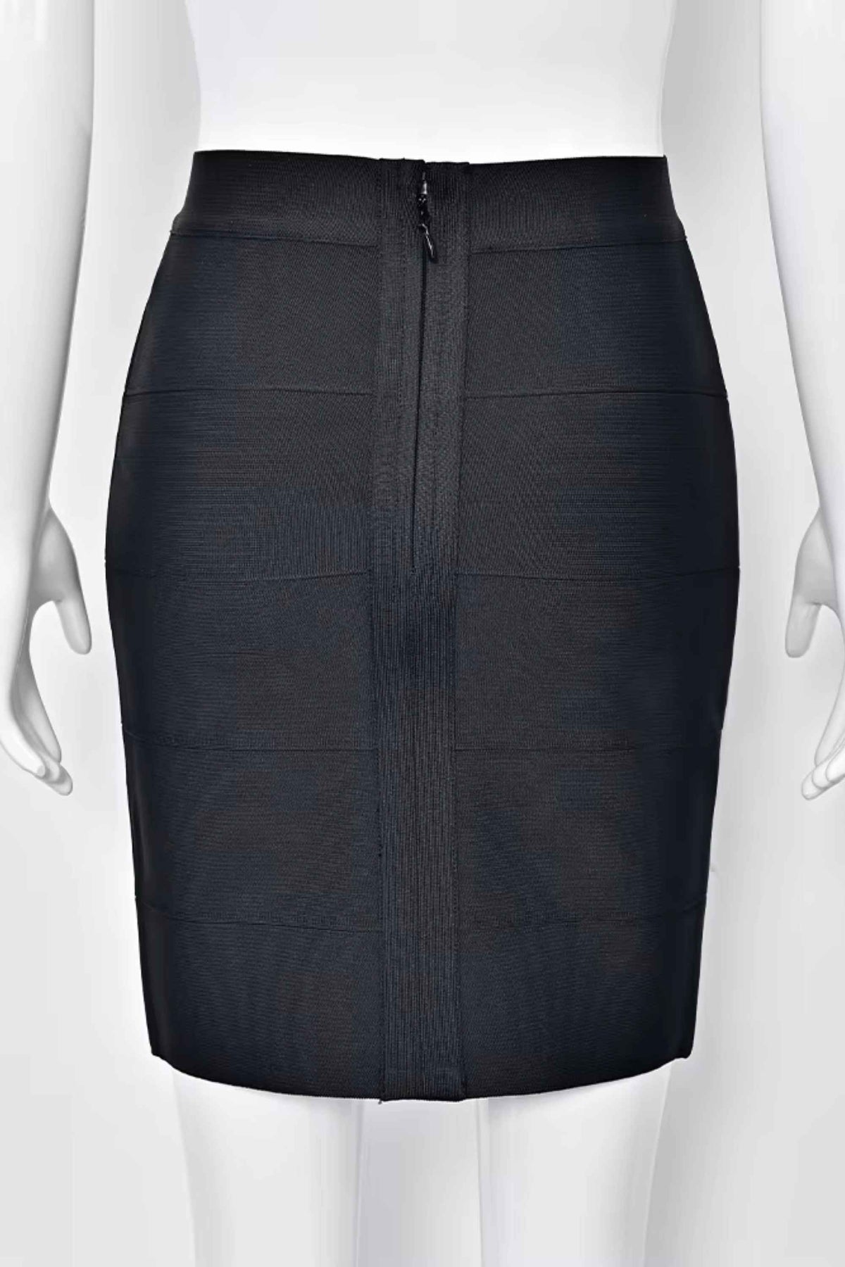 Woman wearing a figure flattering  High Waist Bandage Mini Skirt - Classic Black BODYCON COLLECTION