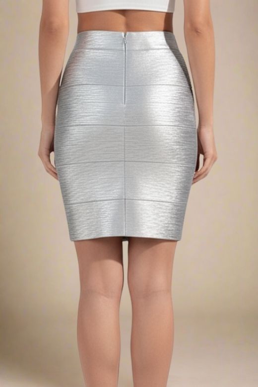 Woman wearing a figure flattering  High Waist Bandage Mini Skirt - Metallic Silver BODYCON COLLECTION