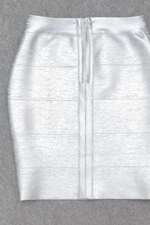 Woman wearing a figure flattering  High Waist Bandage Mini Skirt - Metallic Silver BODYCON COLLECTION