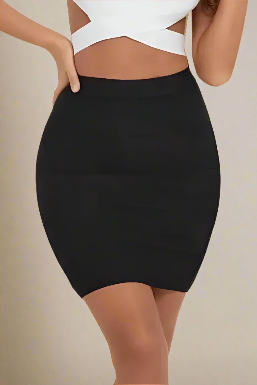 Woman wearing a figure flattering  High Waist Bandage Striped Mini Skirt - Classic Black BODYCON COLLECTION
