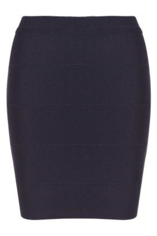 Woman wearing a figure flattering  High Waist Bandage Striped Mini Skirt - Classic Black BODYCON COLLECTION