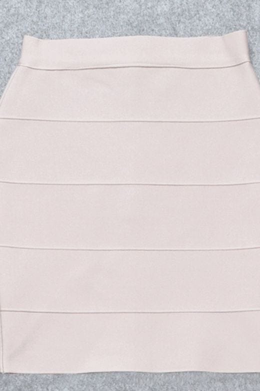 Woman wearing a figure flattering  High Waist Bandage Striped Mini Skirt - Cream BODYCON COLLECTION