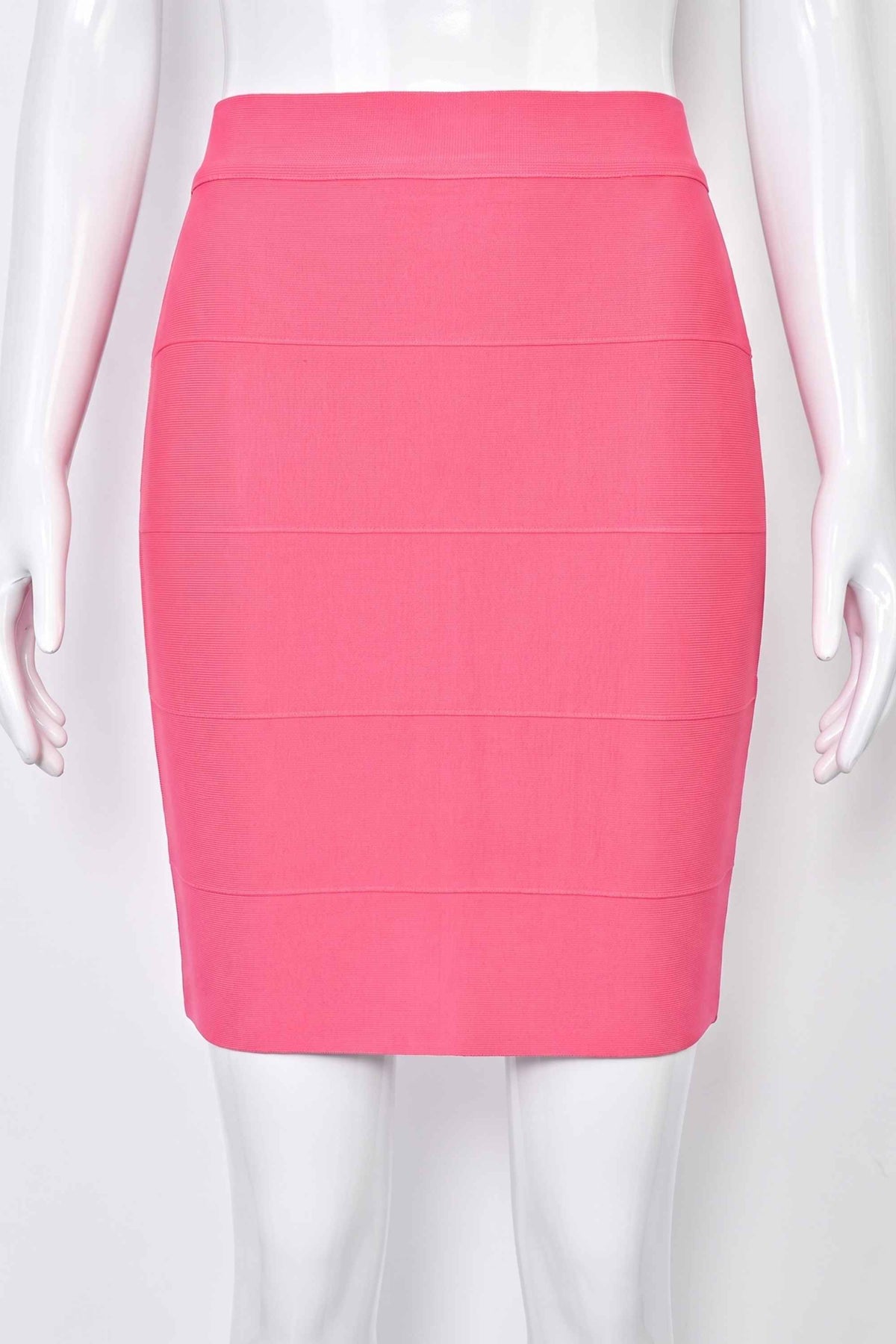 Woman wearing a figure flattering  High Waist Bandage Striped Mini Skirt - Hot Pink BODYCON COLLECTION