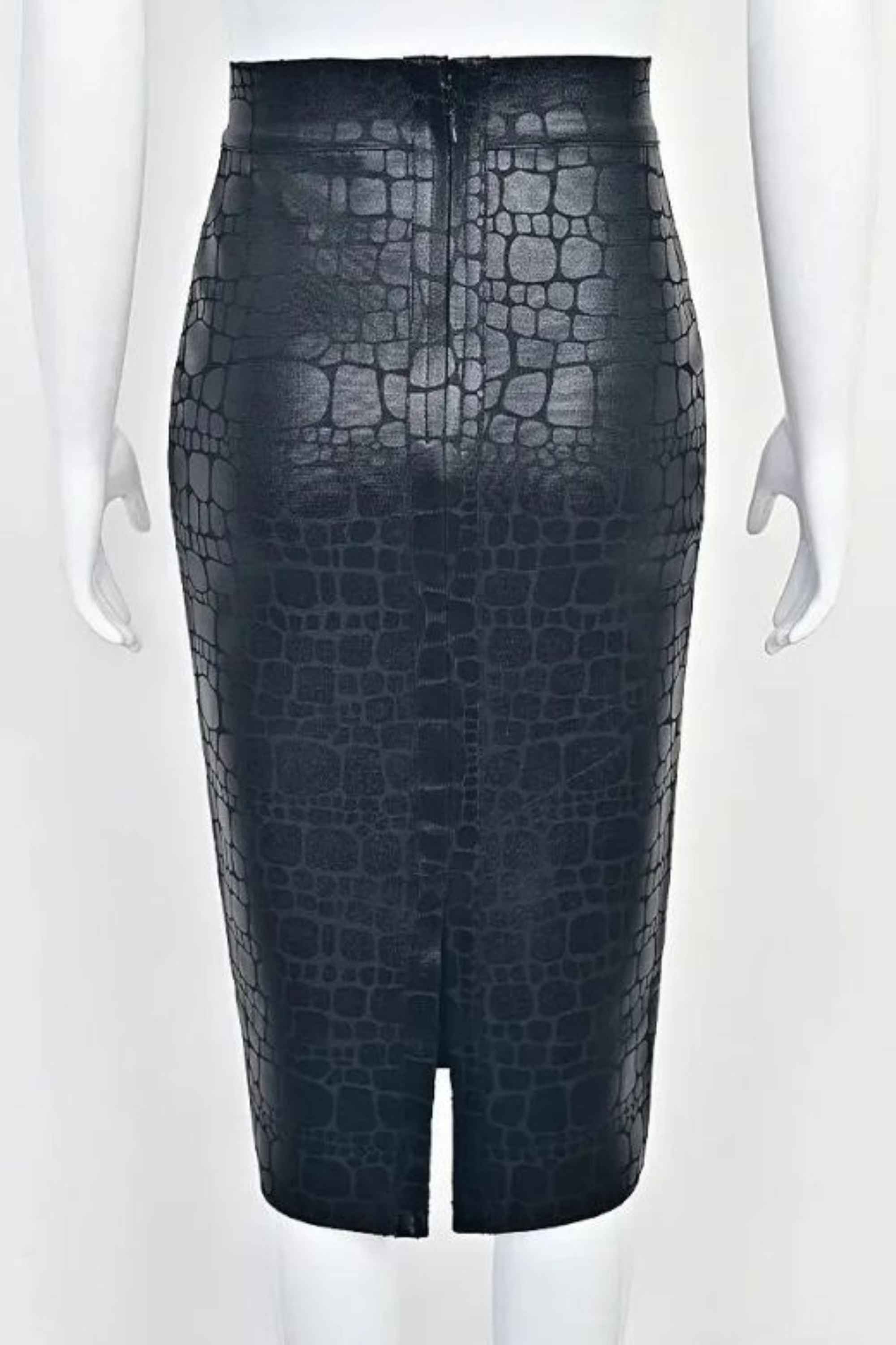 Woman wearing a figure flattering  High Waist Leather Pencil Skirt Midi Length - Crocodile Black BODYCON COLLECTION Pty Ltd