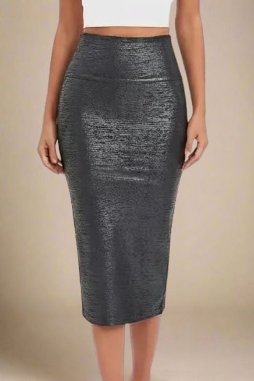 Woman wearing a figure flattering  High Waist Leather Pencil Skirt Midi Length - Metallic Black BODYCON COLLECTION