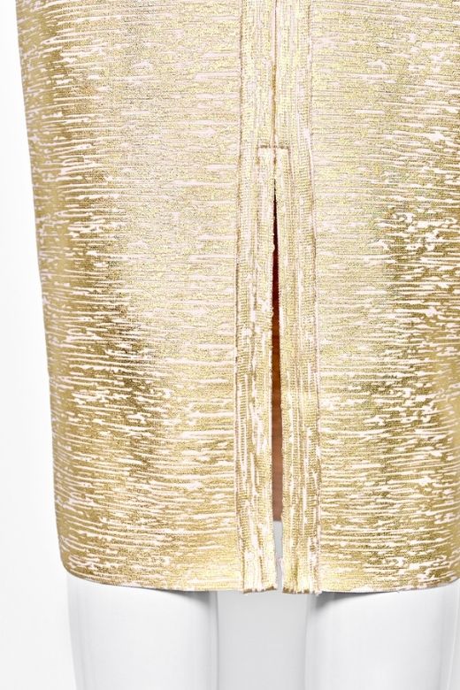 Woman wearing a figure flattering  High Waist Leather Pencil Skirt Midi Length - Metallic Gold BODYCON COLLECTION