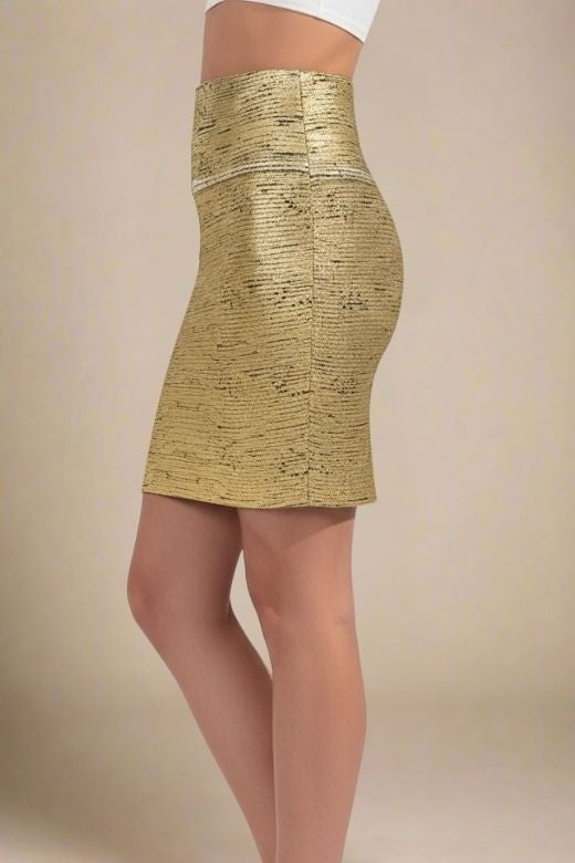 Woman wearing a figure flattering  High Waist Leather Pencil Skirt Mini Length - Metallic Gold Black BODYCON COLLECTION