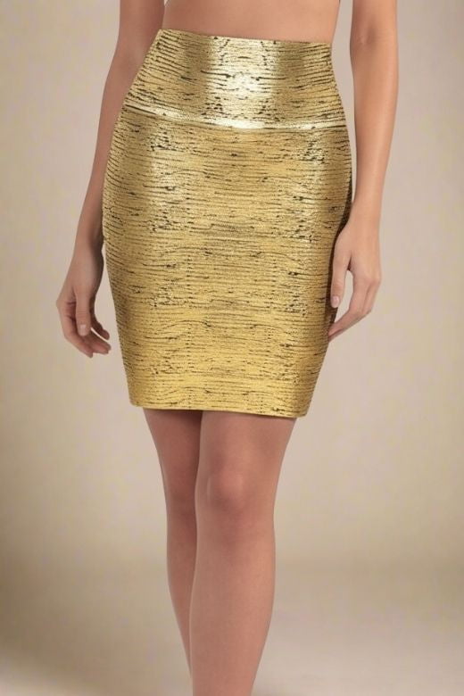 Woman wearing a figure flattering  High Waist Leather Pencil Skirt Mini Length - Metallic Gold Black BODYCON COLLECTION