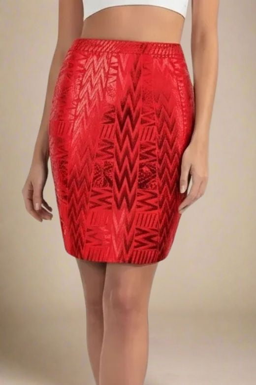 Woman wearing a figure flattering  High Waist Metallic Leather Mini Skirt - Lipstick Red BODYCON COLLECTION