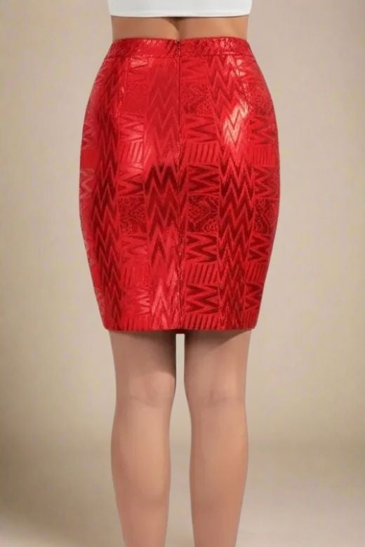 Woman wearing a figure flattering  High Waist Metallic Leather Mini Skirt - Lipstick Red BODYCON COLLECTION