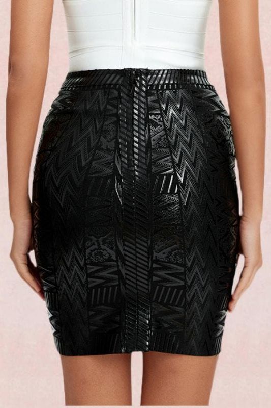 Woman wearing a figure flattering  High Waist Metallic Mini Skirt - Classic Black BODYCON COLLECTION