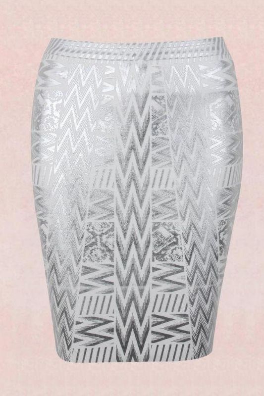 Woman wearing a figure flattering  High Waist Metallic Mini Skirt - Silver BODYCON COLLECTION