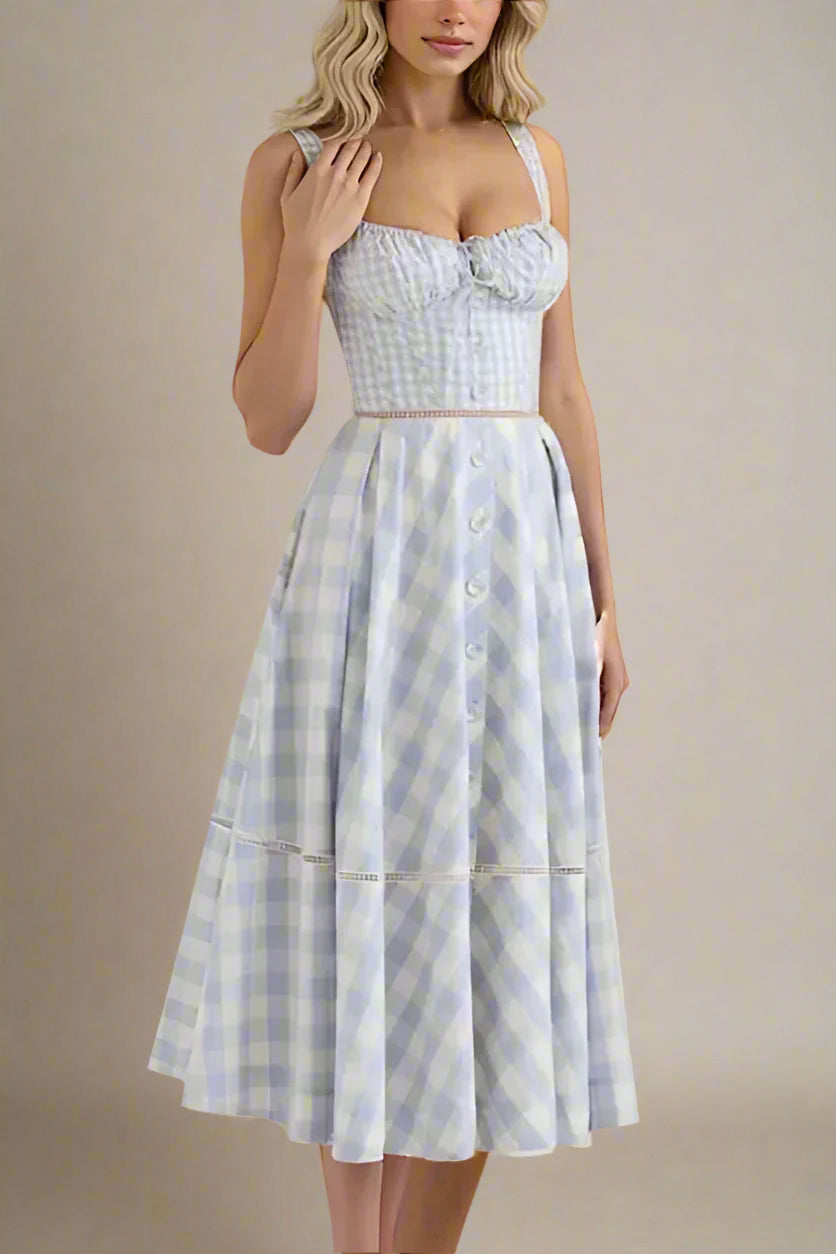 Woman wearing a figure flattering  Holland Top and Midi Skirt Set - Sky Blue BODYCON COLLECTION Pty Ltd