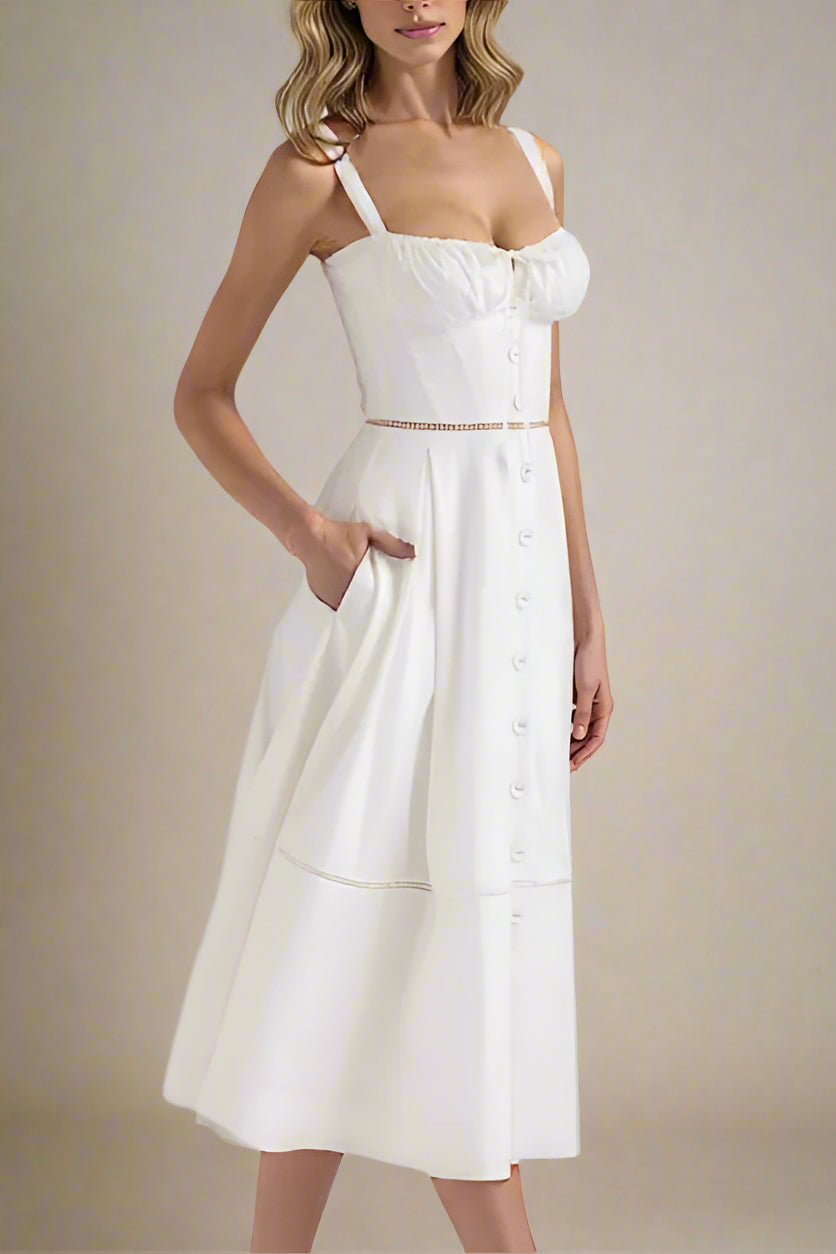 Woman wearing a figure flattering  Holland Top and Midi Skirt Set - White Pearl BODYCON COLLECTION Pty Ltd
