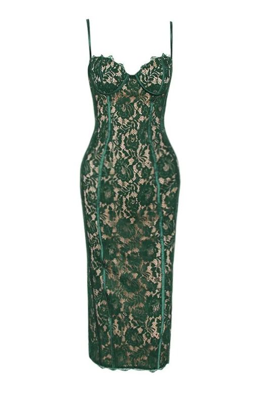 Woman wearing a figure flattering  Honor Bodycon Midi Dress - Emerald Green BODYCON COLLECTION