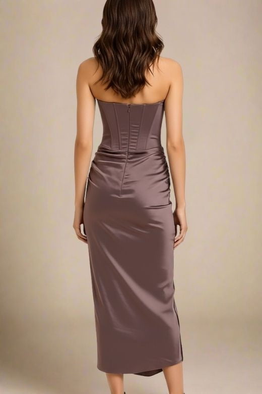 Woman wearing a figure flattering  Hope Bodycon Wrap Maxi Dress - Coffee Brown BODYCON COLLECTION