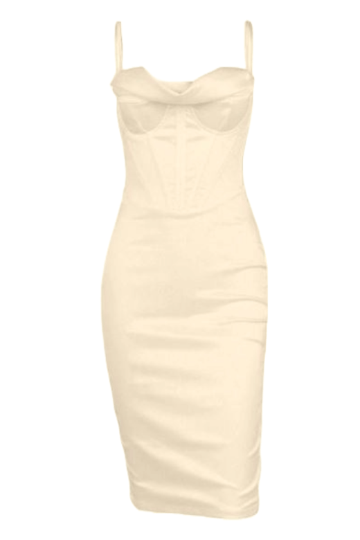 Woman wearing a figure flattering  Indi Bodycon Dress - Cream BODYCON COLLECTION
