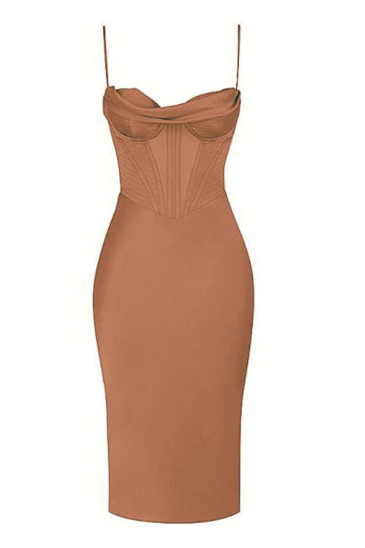 Woman wearing a figure flattering  Indi Bodycon Dress - Tan Brown BODYCON COLLECTION