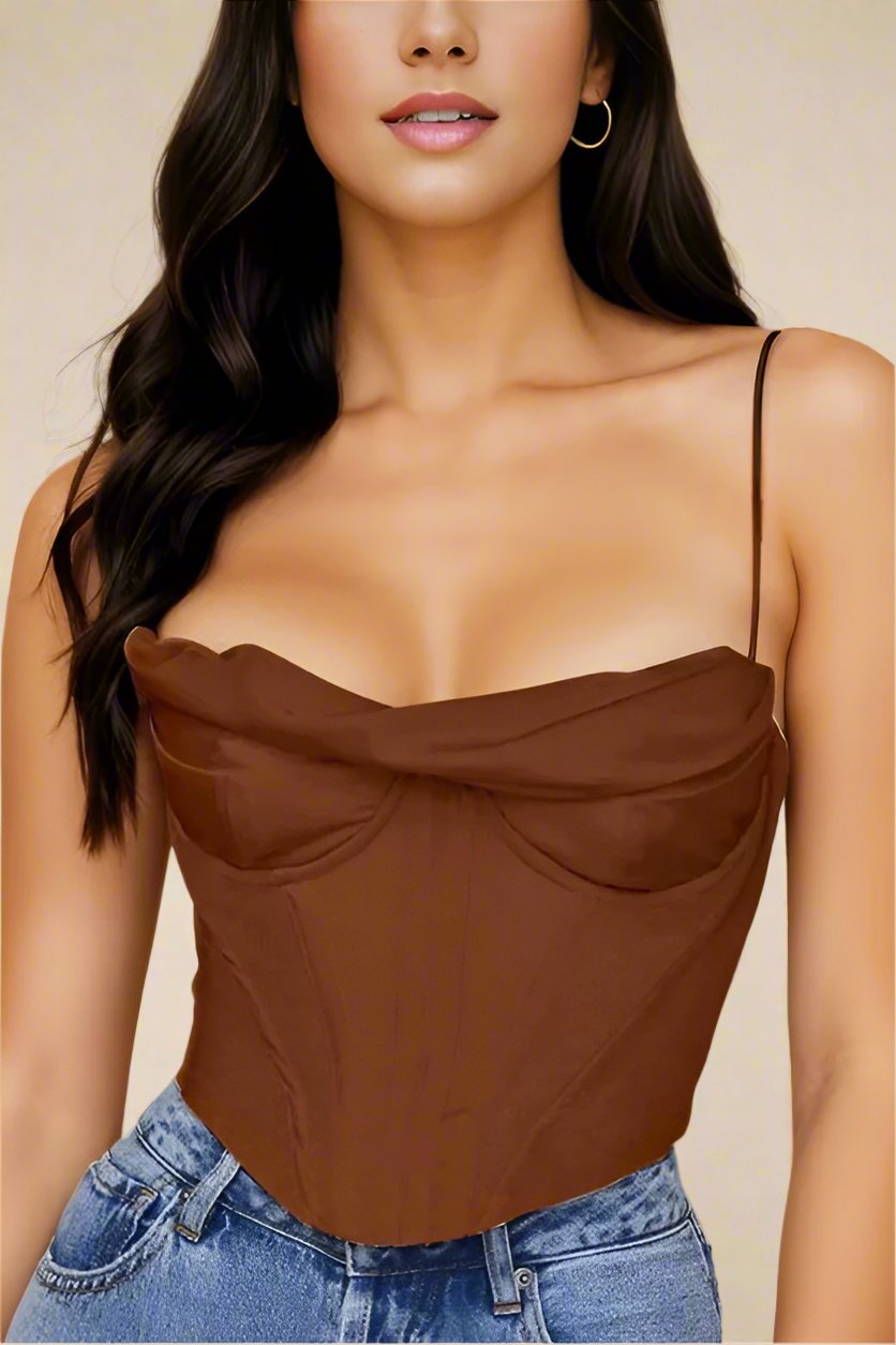 Woman wearing a figure flattering  Indi Satin Crop Top - Tan Brown BODYCON COLLECTION