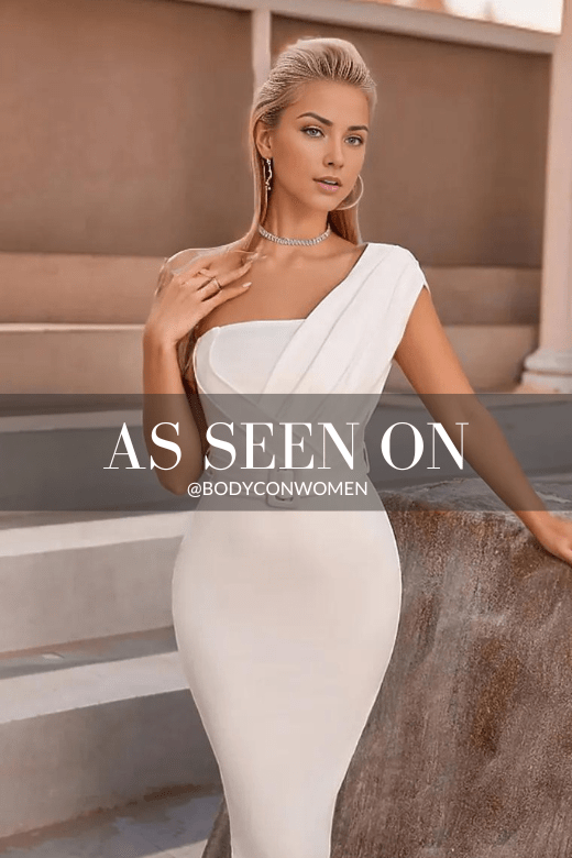 Woman wearing a figure flattering  Ione Bandage Midi Dress - Pearl White BODYCON COLLECTION
